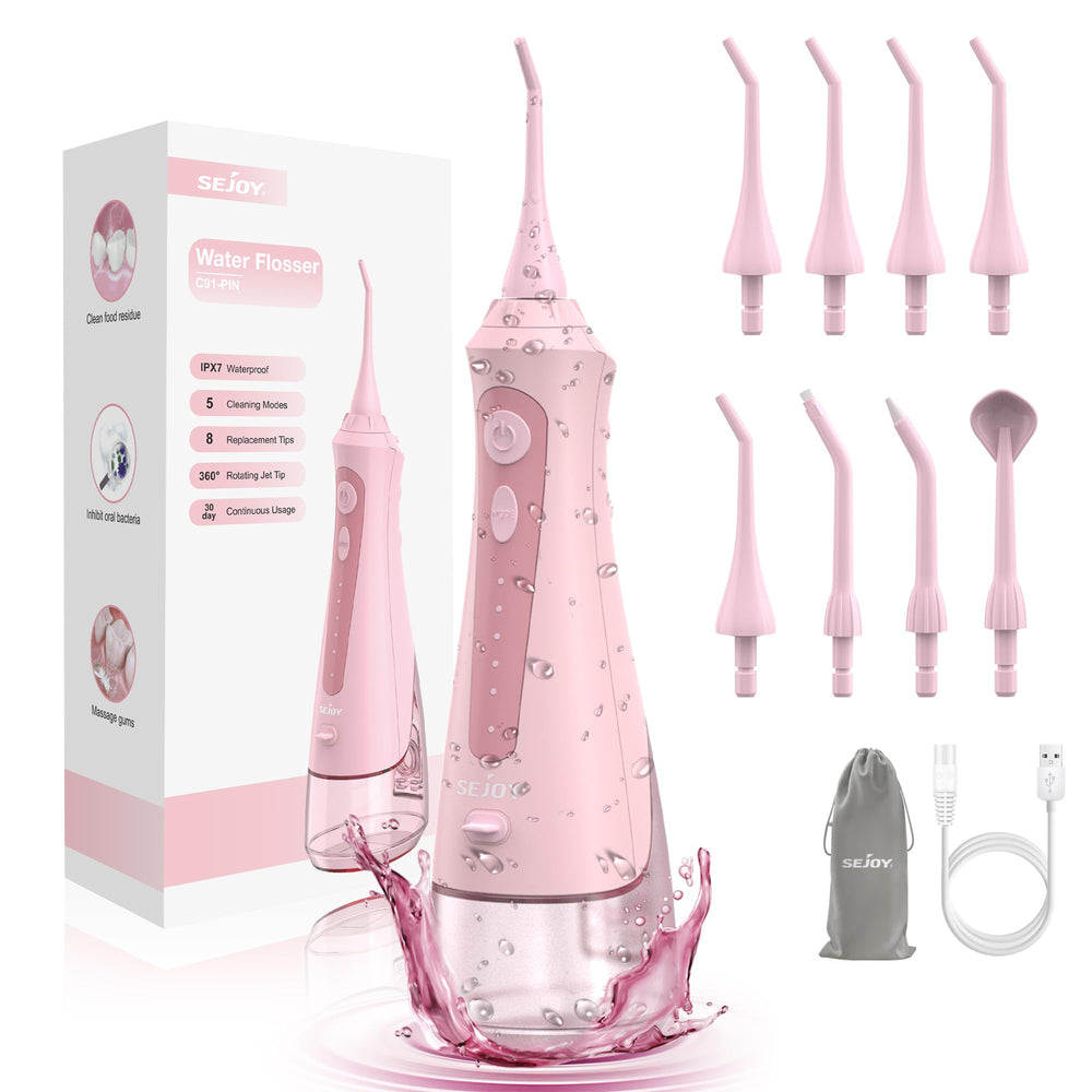 Sejoy cordless water flosser with 8 nozzle tips and 360° rotation