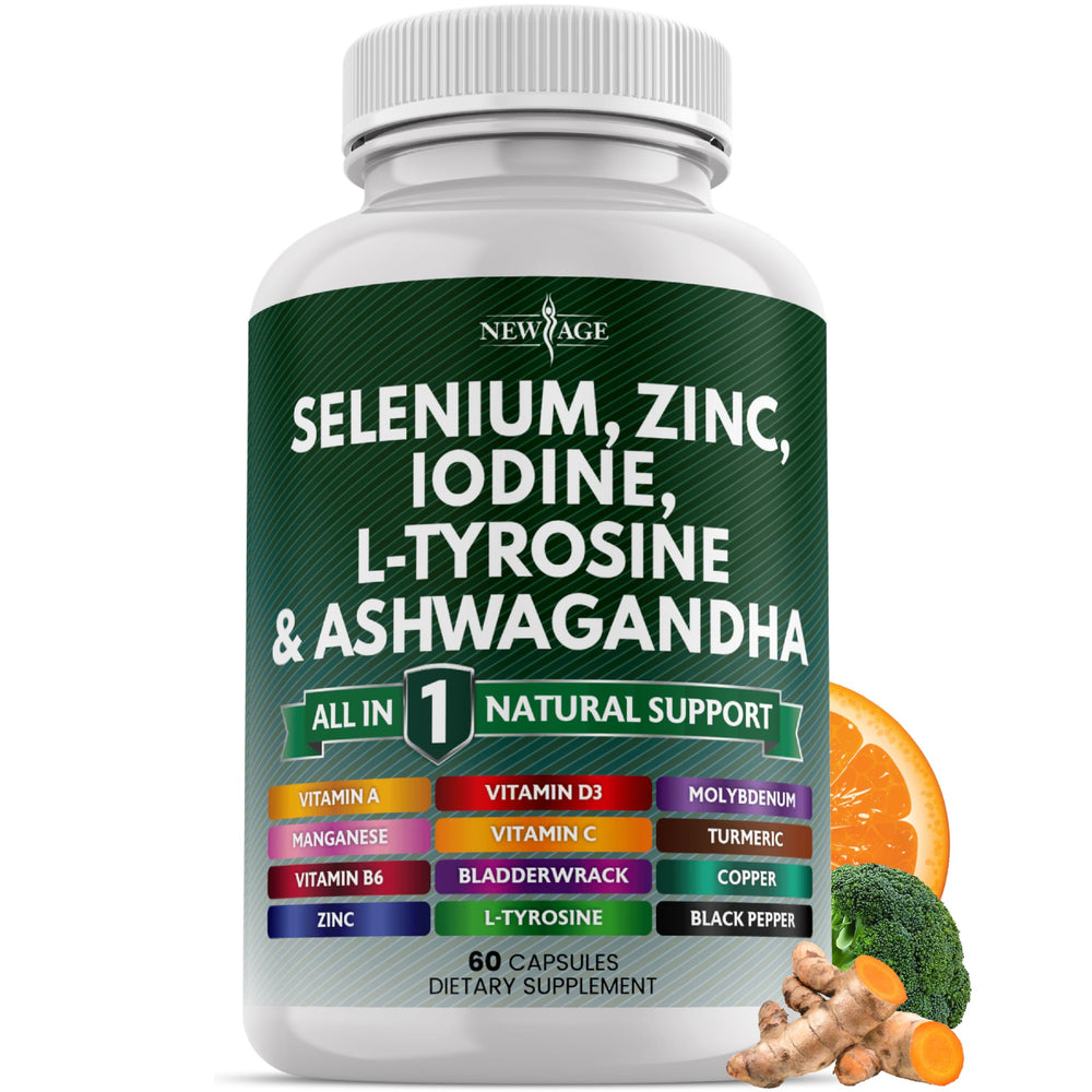 Product bottle of Thyroid Support supplement with selenium, zinc, iodine, L-Tyrosine and Ashwagandha (60 count)