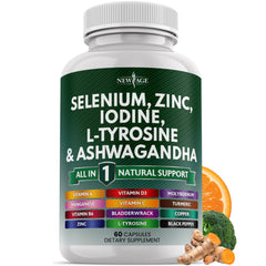 Product bottle of Thyroid Support supplement with selenium, zinc, iodine, L-Tyrosine and Ashwagandha (60 count)