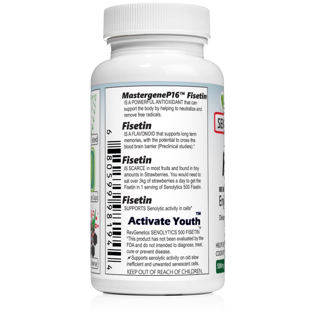 Label on SENOLYTICS 500 bottle with supplement facts
