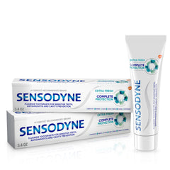 Two 3.4 oz tubes of Sensodyne Complete Protection Sensitive Toothpaste for gingivitis and sensitive teeth.