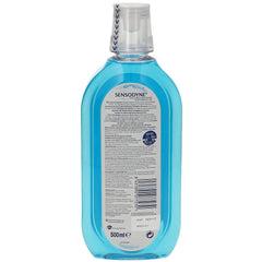 Sensodyne Enjuag 500 Cool Mint mouthwash bottle back with label