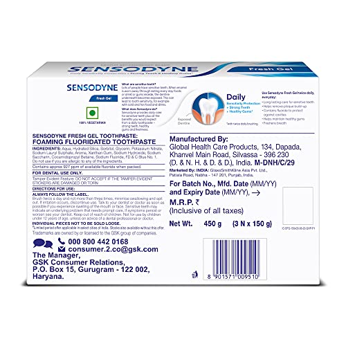 Three 150g Sensodyne Fresh Gel toothpaste tubes