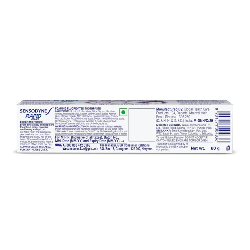 Back view of Sensodyne Rapid Relief 80 g pack