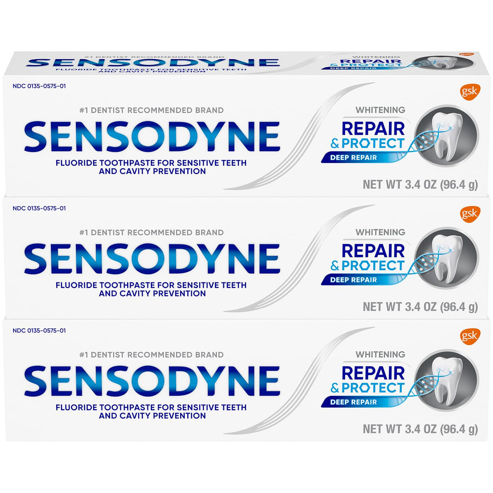 Close-up of Sensodyne Repair and Protect Whitening toothpaste label