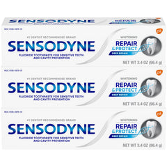 Close-up of Sensodyne Repair and Protect Whitening toothpaste label