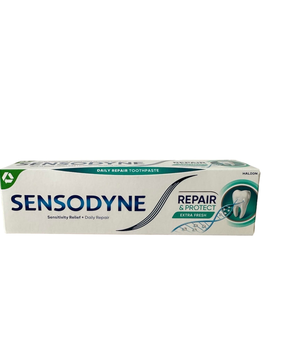 Close-up of Sensodyne Repair & Protect Extra Fresh packaging and tube, Italian import