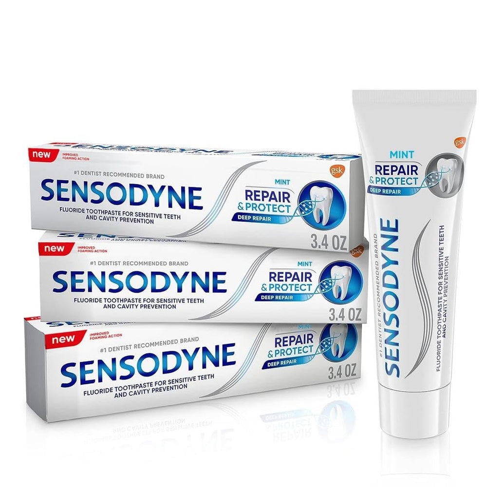 Front view of Sensodyne Repair and Protect Mint Toothpaste tube