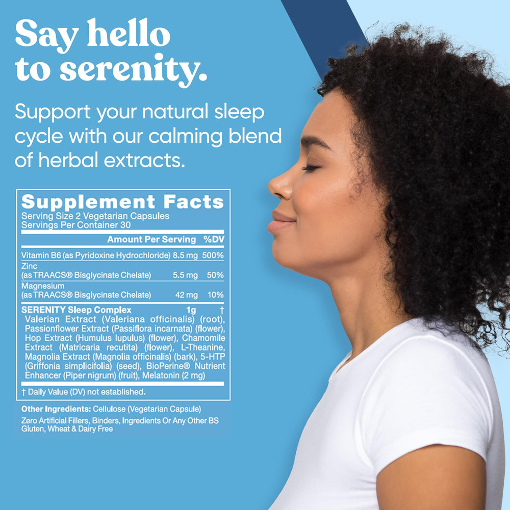 Close-up of Serenity Sleep ingredients including magnesium, valerian root, and melatonin