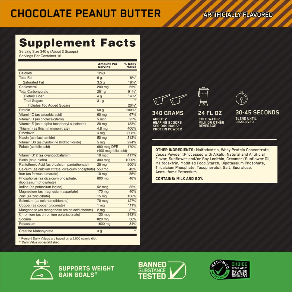 Prepared Serious Mass shake in glass with chocolate peanut butter