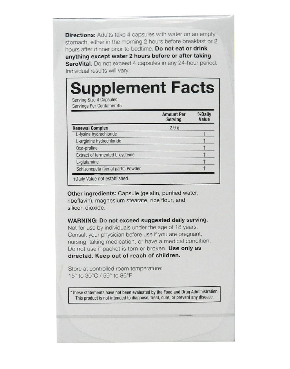Close-up of key ingredients: l-lysine hydrochloride, l-arginine hydrochloride, oxo-proline, L-cysteine extract, L-glutamine, schizonepeta powder