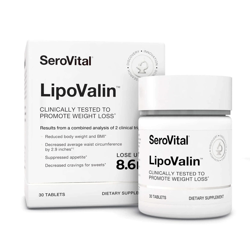 Serovital LipoValin bottle closeup showing stimulant-free appetite control support.