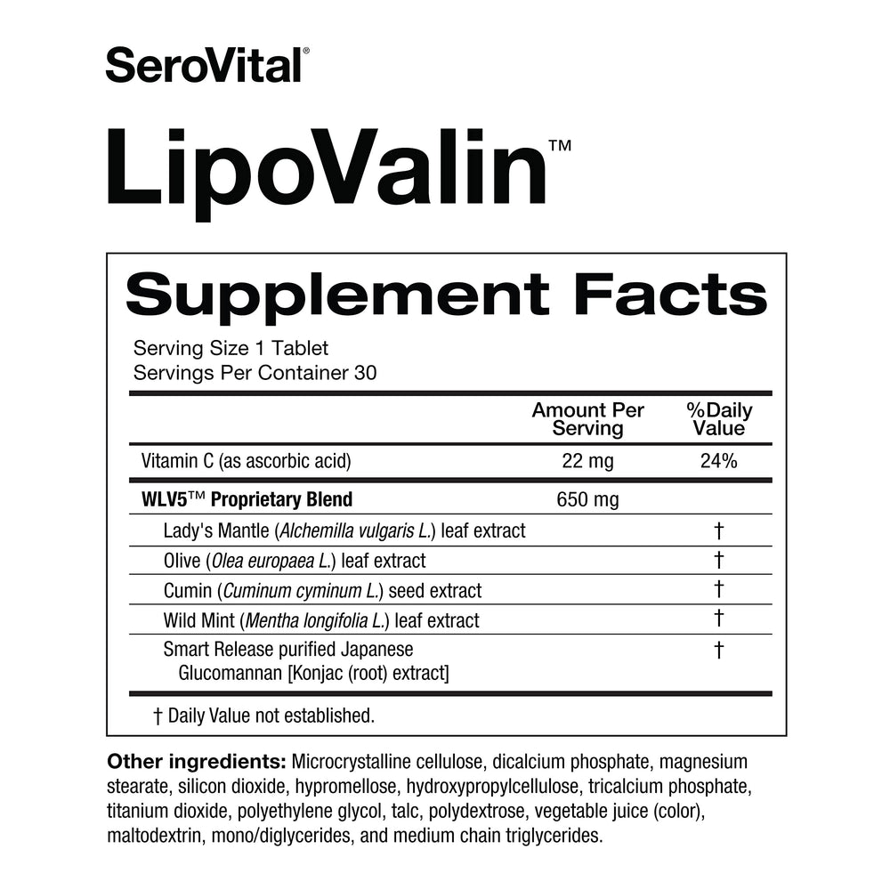 Serovital LipoValin supplement facts panel with clinical data on weight loss.