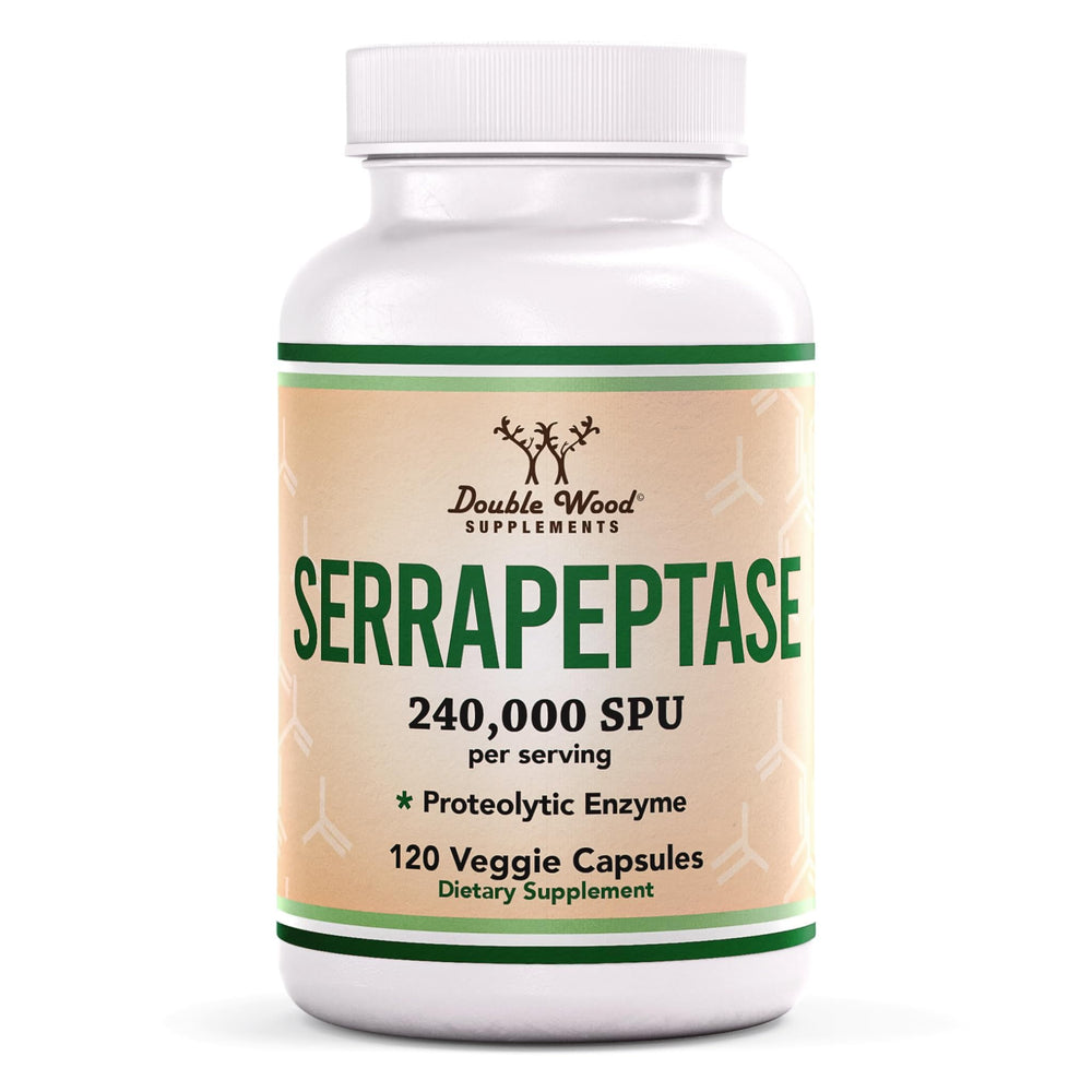Double Wood Serrapeptase 240,000 SPU bottle front with 120 veggie capsules