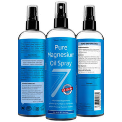 Nighttime scene with Seven Minerals magnesium oil spray suggesting relaxation before sleep.