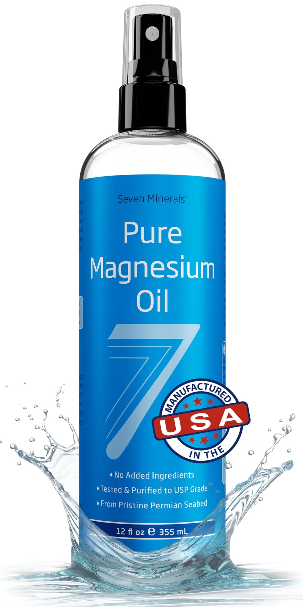 Seven Minerals Pure Magnesium Oil Spray 12oz bottle promotes sleep-friendly relaxation.