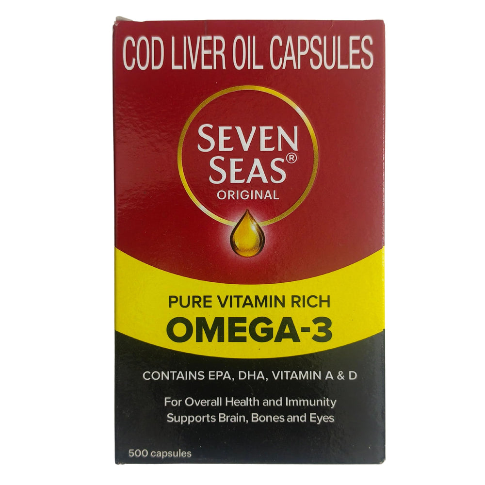 Seven Seas Cod Liver Oil packaging and bottle