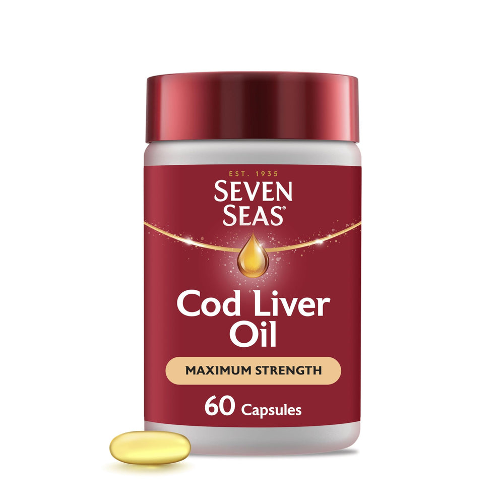 Front view of Seven Seas Cod Liver Oil 60 capsules package