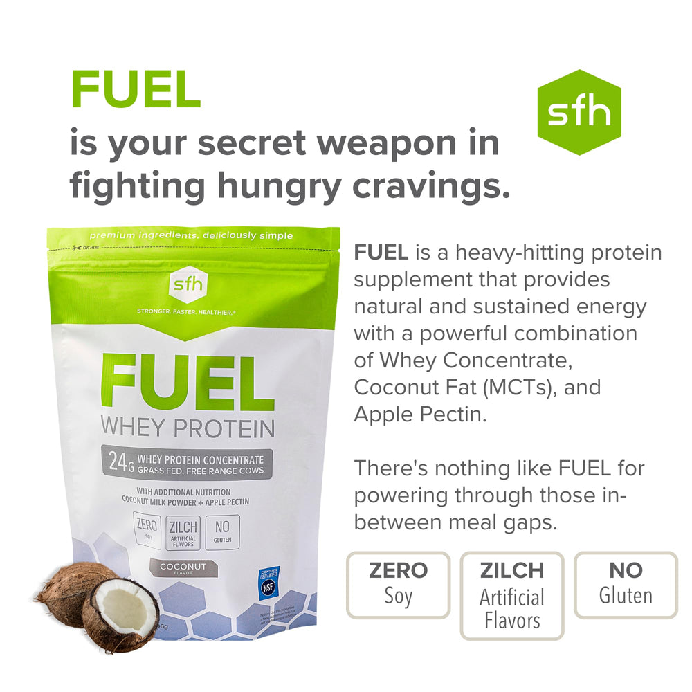 SFH Fuel whey ingredients label highlights natural nutrition without artificial additives.