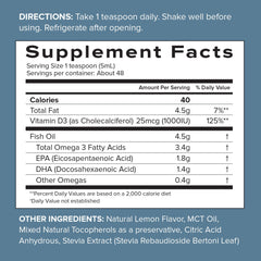 Spoon dispensing lemon-flavored Omega-3 liquid