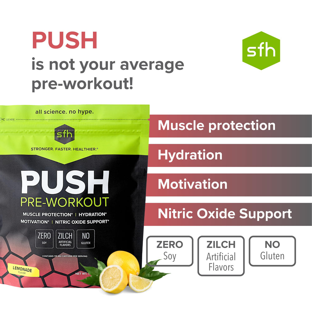 SFH Push lemonade bag close-up highlights a clean, gluten-free formula.