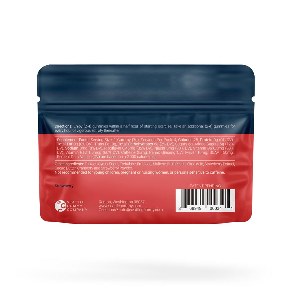 Packaging highlights ginseng, caffeine, and BCAAs