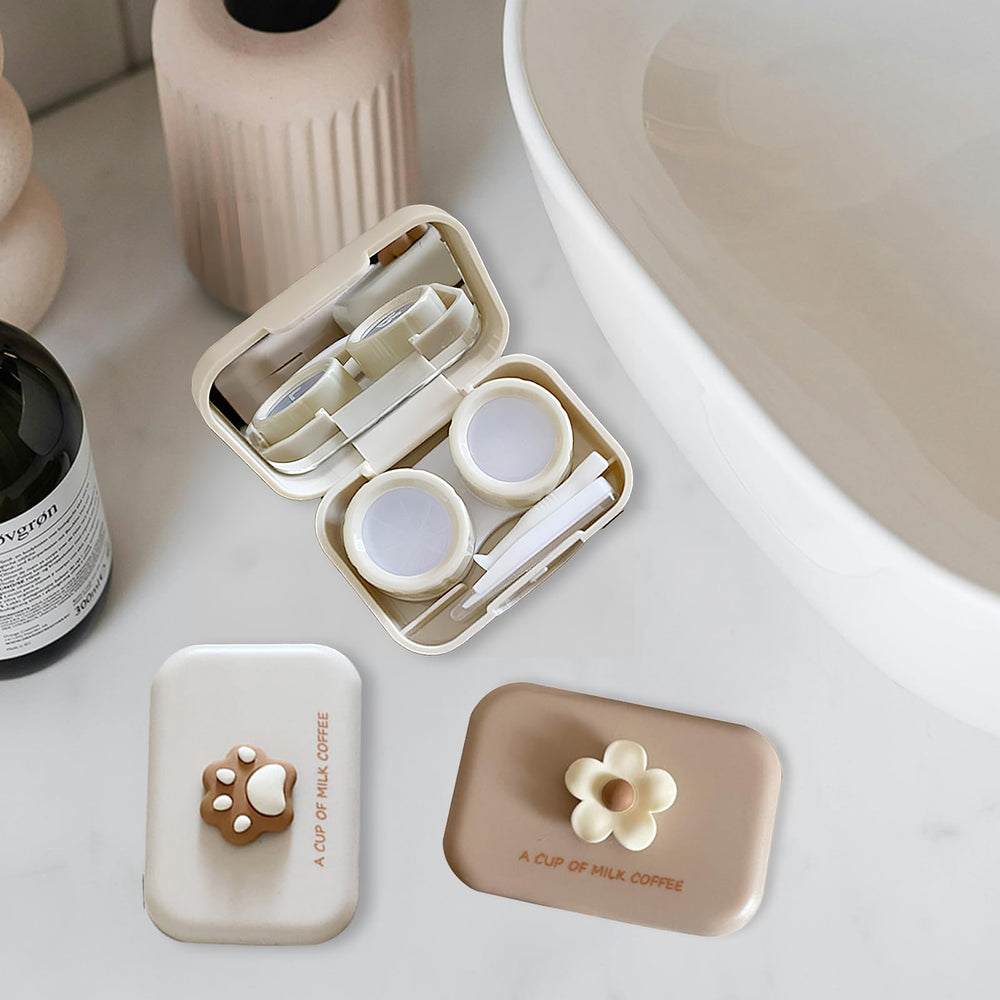 Compact travel lens case kit with mirror, tweezers, and remover tool in beige and coffee color