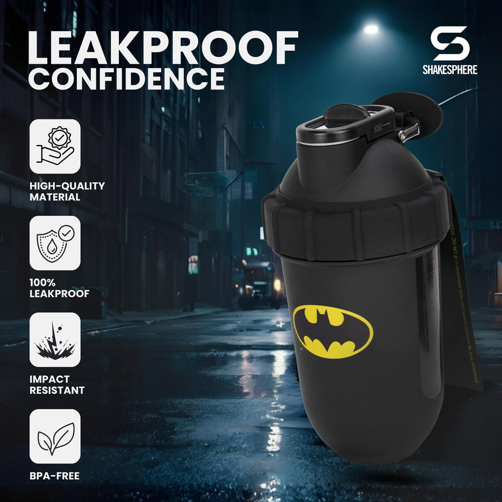 SHAKESPHERE Batman Edition shaker features capsule shape for smooth mixing.