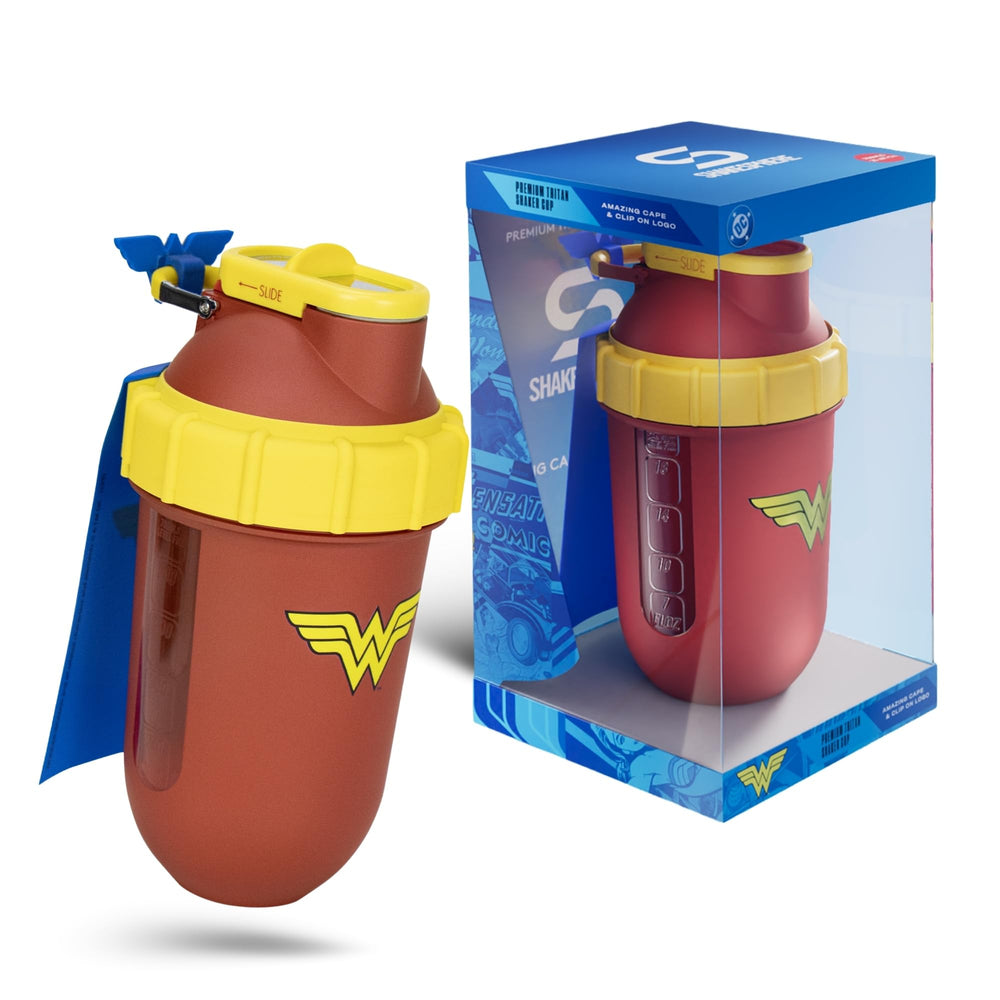 SHAKESPHERE Wonder Woman edition 24oz shaker bottle with clear Tritan for quick ingredient visibility