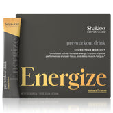 Shaklee Performance preworkout stick-pack showing lemon flavor provides on-the-go energy boost.
