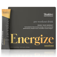 Shaklee Performance preworkout stick-pack showing lemon flavor provides on-the-go energy boost.
