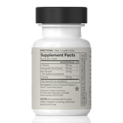 Close-up of product label highlighting L-theanine and ashwagandha