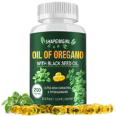 Shapeingirl Organic Oregano Oil Capsules with Black Seed Oil bottle and softgels
