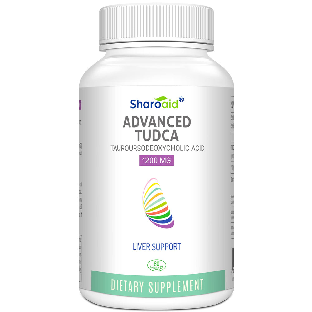 sharoaid tudca bottle and label highlighting 1200 mg formula for liver support