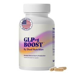 Shed Nutrition GLP-1 Boost bottle front showing compact capsules for daily appetite support
