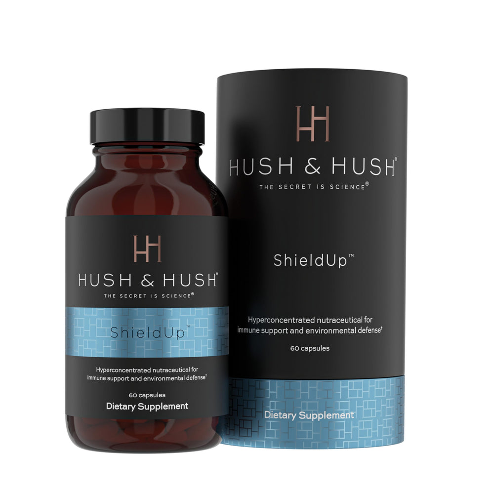 Hush & Hush ShieldUp bottle showing 60 capsules for immune and energy support