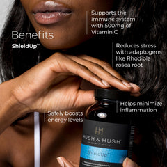 Vitamin C and Organic Matcha imagery for ShieldUp immune support