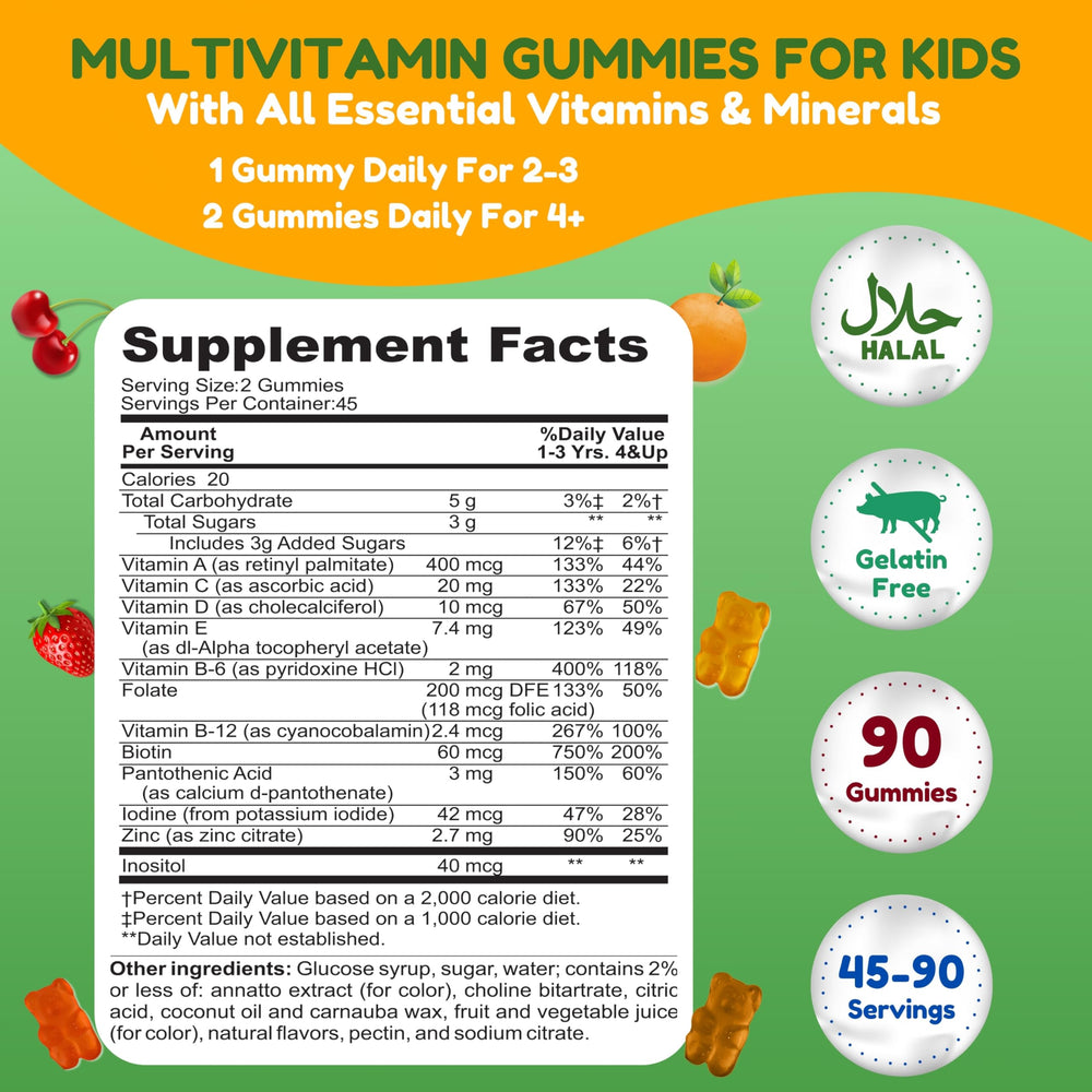 Close-up of fruit-flavored kids multivitamin gummies in cherry, strawberry, and orange flavors