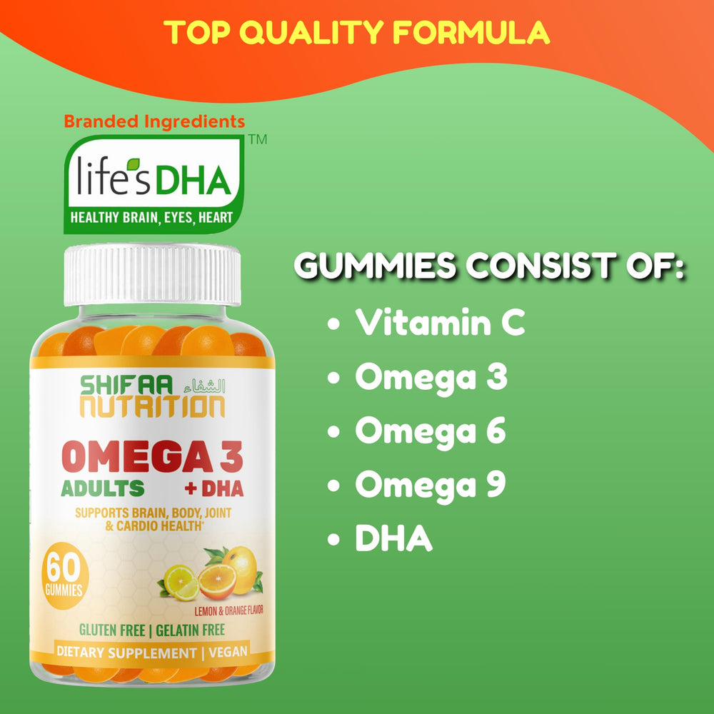 Product packaging and bottle of SHIFAA NUTRITION Omega-3 Gummies