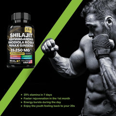Shilajit Ashwagandha capsules promoting energy and focus
