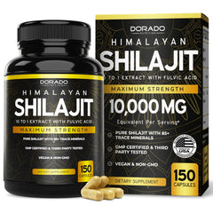 Shilajit capsules bottle showing 85+ minerals and 75-day supply