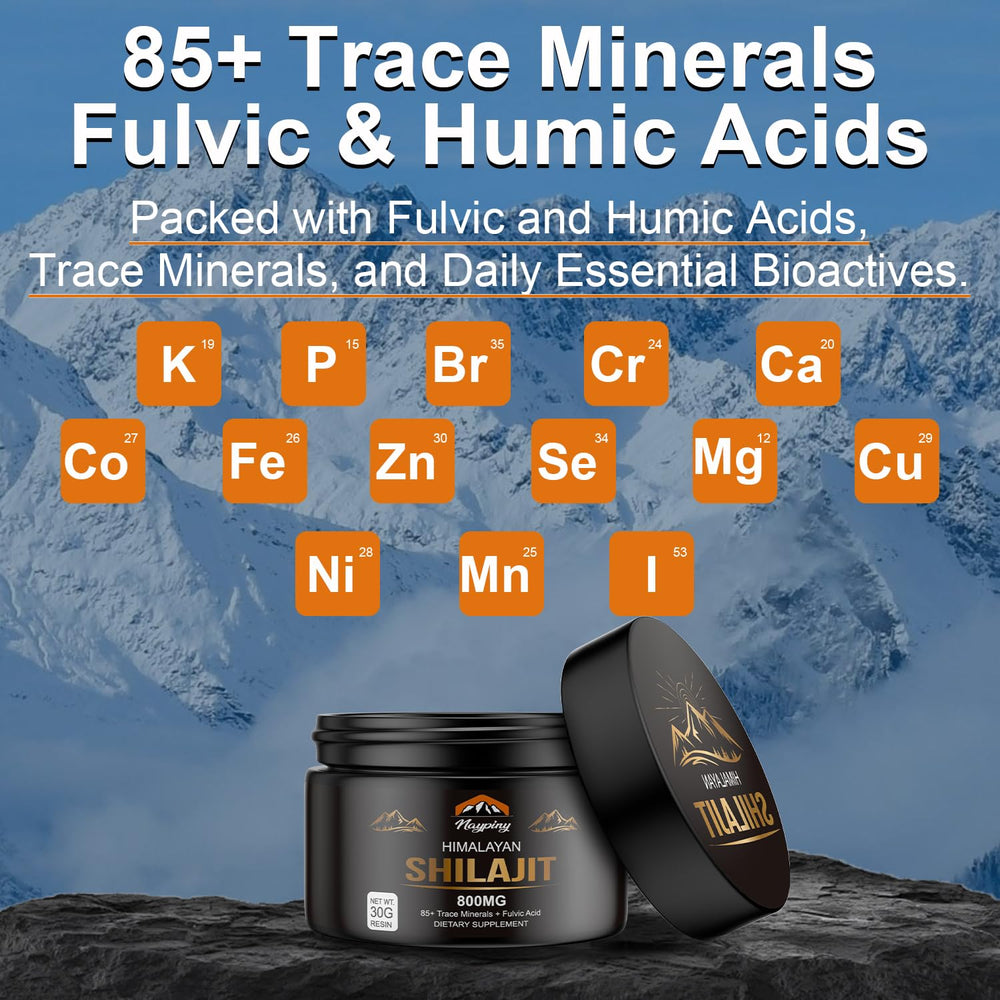 Graphic showing fulvic acid and 85+ minerals in Shilajit
