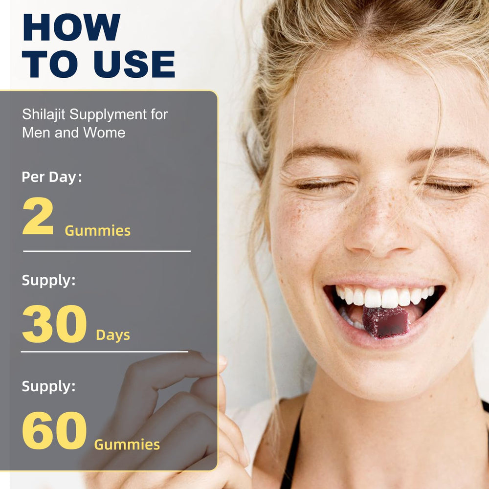 Shilajit gummies packaging showing 60 gummies