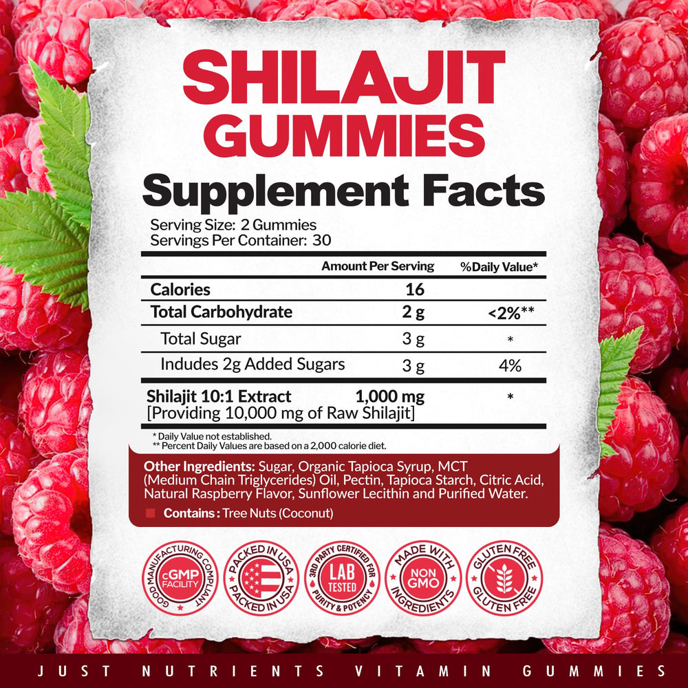 Packaging and nutrition facts label for Shilajit Gummies