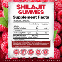 Packaging and nutrition facts label for Shilajit Gummies
