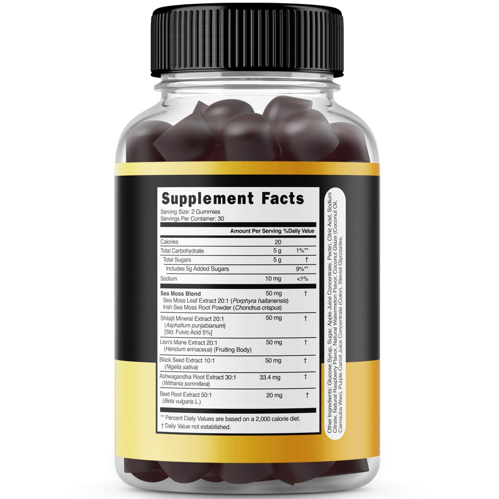 Close-up of Shilajit Gummies with Sea Moss and Beet Root ingredients