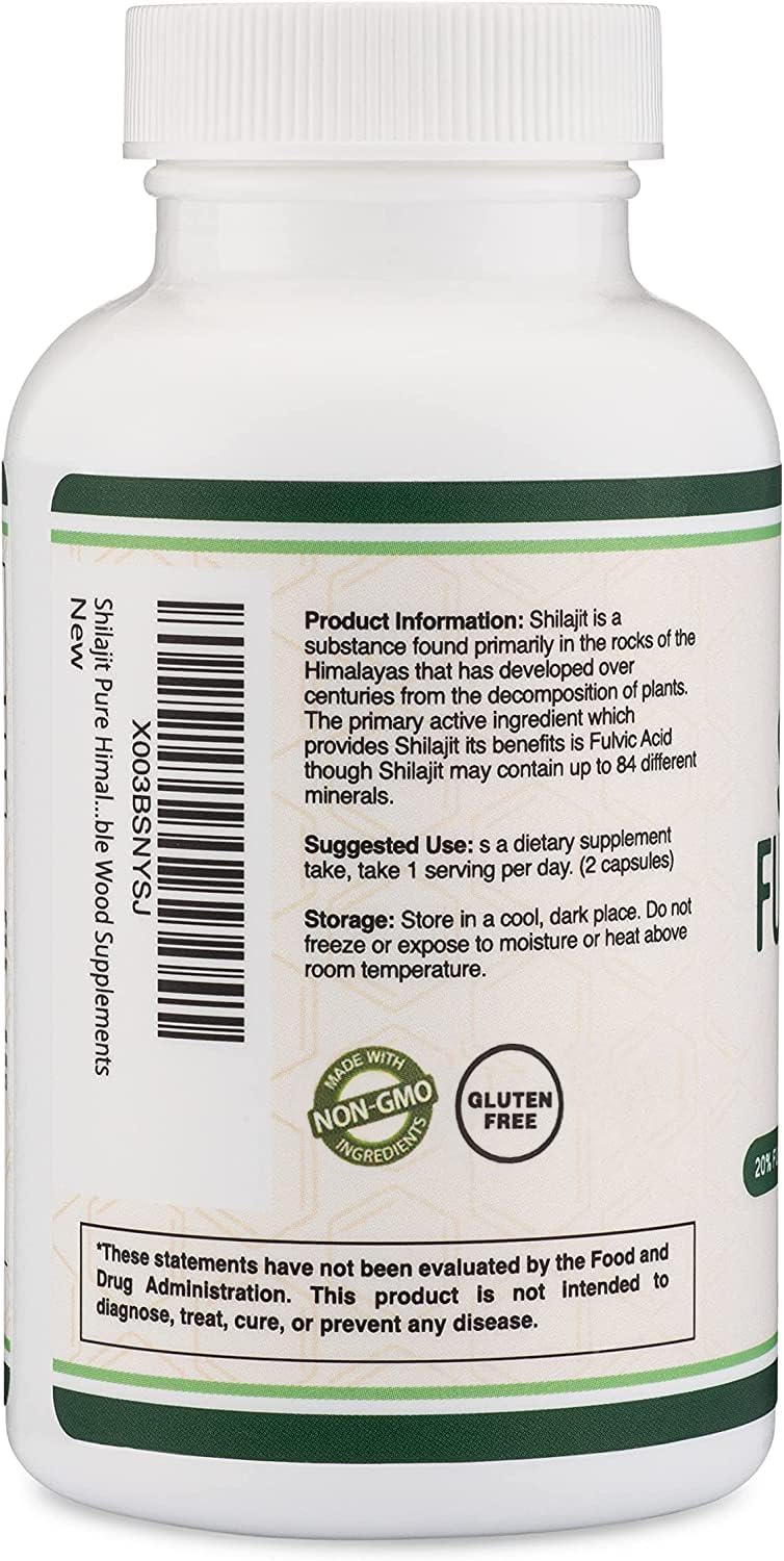 Back view of Shilajit capsule bottle showing supplement facts