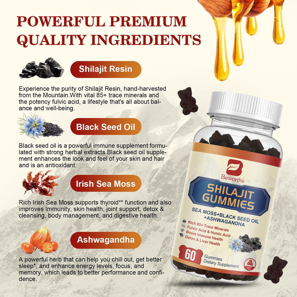 Close-up of Shilajit resin, sea moss, black seed oil and ashwagandha ingredients