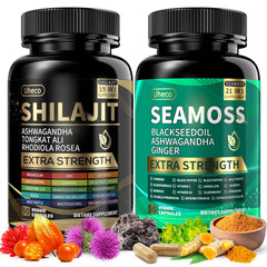 Shilajit and Sea Moss Vitality Bundle—two bottles of capsules on a white background
