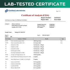 Quality assurance and third-party testing seal on Shilajit tablets